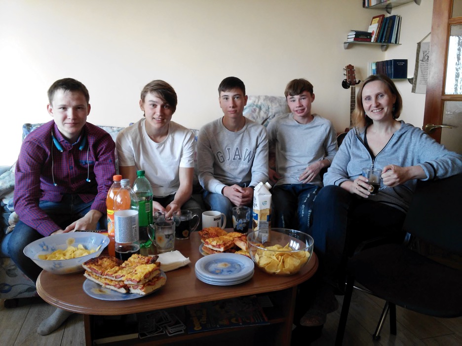 Four of the boys with Irina having a party